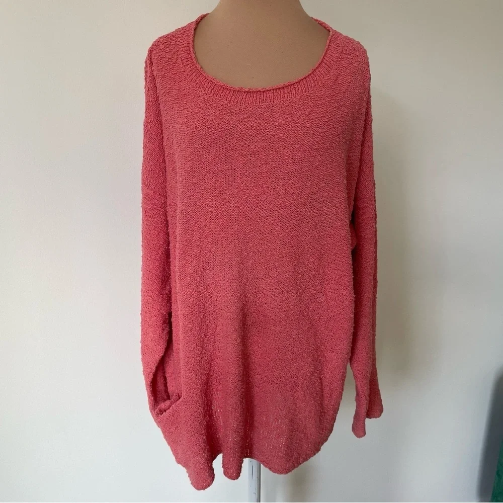 FLAX Jeanne Engelhart Cotton Blend Pink Boucle Knit Front Pocket Sweater Sz S/M